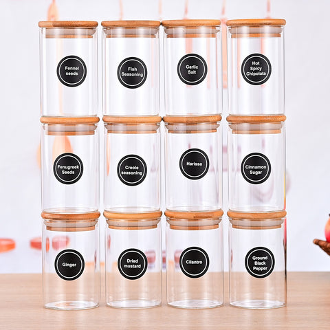 Set of 12 Round 8.5oz Glass Spice Jars with Lids & Labels – Airtight Seasoning Storage Container Set, Clear Glass Canisters for Spices & Seasonings, Perfect for Organizing Spice Racks, Cabinets and Drawers