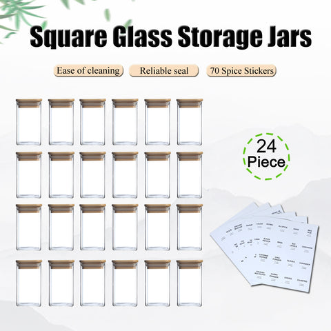 Glass Spice Jars with Bamboo Airtight Lids & Labels - 8oz Square Small Empty Food Storage Containers for Kitchen, Seasonings, Herbs, Salt