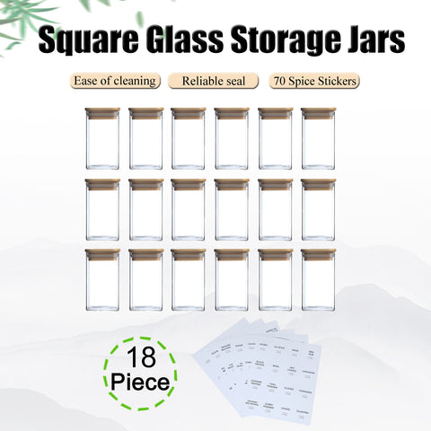 Glass Spice Jars with Bamboo Airtight Lids & Labels - 8oz Square Small Empty Food Storage Containers for Kitchen, Seasonings, Herbs, Salt