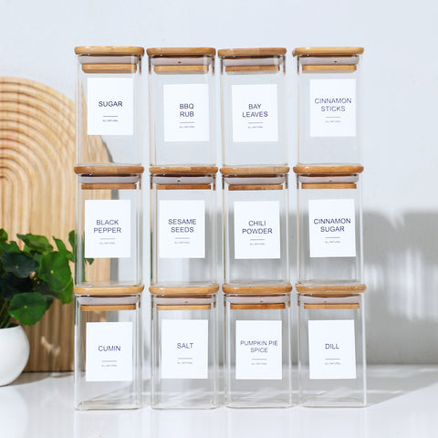 Glass Spice Jars with Bamboo Airtight Lids & Labels - 8oz Square Small Empty Food Storage Containers for Kitchen, Seasonings, Herbs, Salt