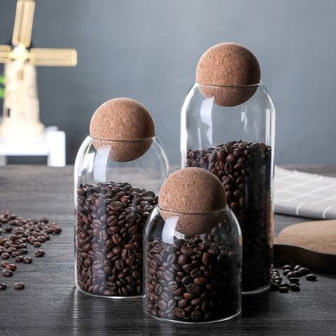 3 Pack Glass Storage Jar with Ball Cork Lid, Clear Glass Canisters with Cork Ball, Cute Decorative Round Glass Bottles with Airtight Wooden Lid for Spice, Sugar, Salt, Tea, Nuts, Coffee Beans