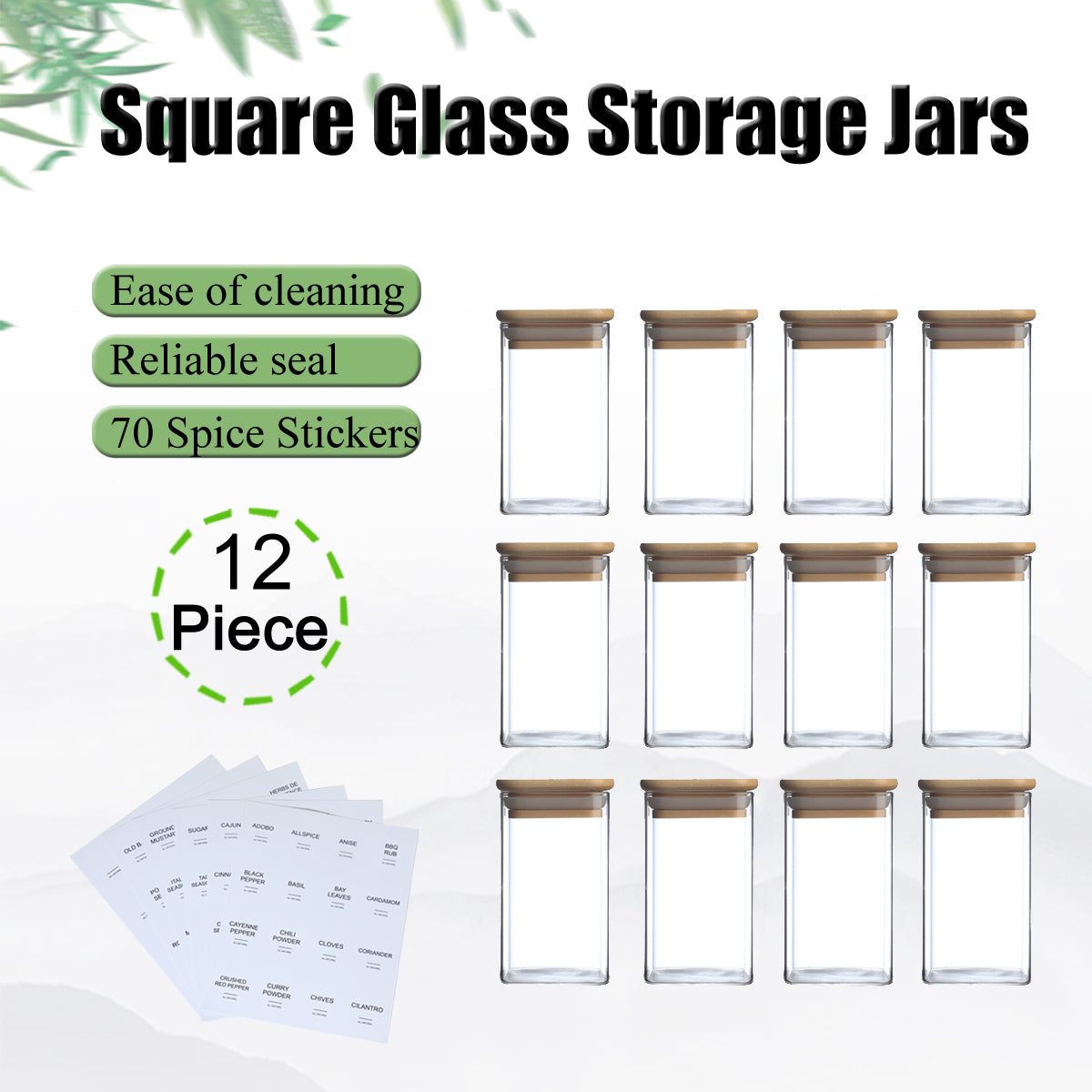Glass Spice Jars with Bamboo Airtight Lids & Labels - 8oz Square Small Empty Food Storage Containers for Kitchen, Seasonings, Herbs, Salt