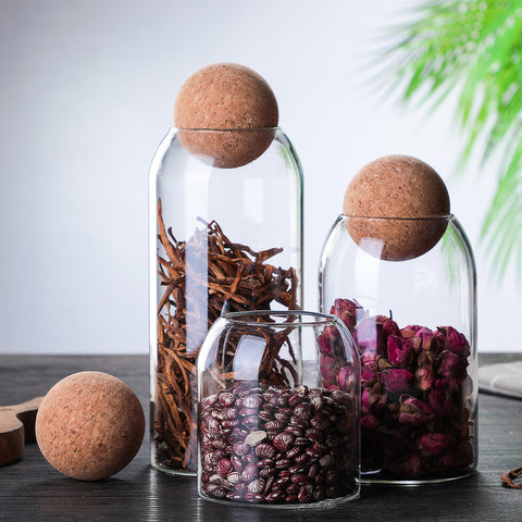 3 Pack Glass Storage Jar with Ball Cork Lid, Clear Glass Canisters with Cork Ball, Cute Decorative Round Glass Bottles with Airtight Wooden Lid for Spice, Sugar, Salt, Tea, Nuts, Coffee Beans