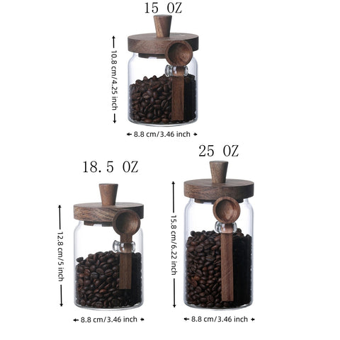 Set of 3 Glass Coffee Canisters with Wooden Lids & Attached Spoons, Clear Airtight Glass Jars in 15oz/18.5oz/25oz Sizes for Coffee Beans, Tea, Sugar, Kitchen Counter Storage & Pantry Organization