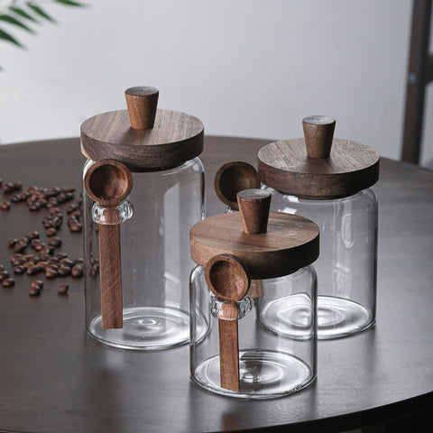 Set of 3 Glass Coffee Canisters with Wooden Lids & Attached Spoons, Clear Airtight Glass Jars in 15oz/18.5oz/25oz Sizes for Coffee Beans, Tea, Sugar, Kitchen Counter Storage & Pantry Organization