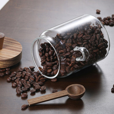 Set of 3 Glass Coffee Canisters with Wooden Lids & Attached Spoons, Clear Airtight Glass Jars in 15oz/18.5oz/25oz Sizes for Coffee Beans, Tea, Sugar, Kitchen Counter Storage & Pantry Organization