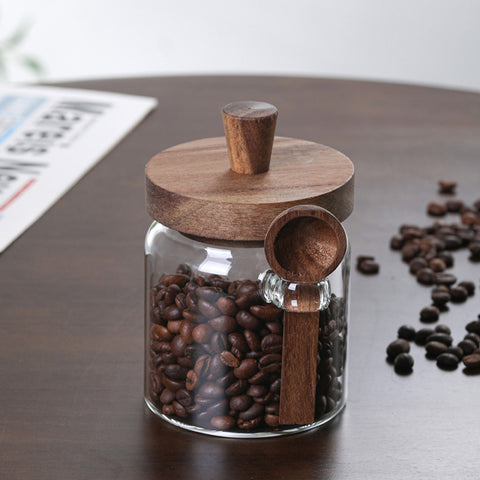 Set of 3 Glass Coffee Canisters with Wooden Lids & Attached Spoons, Clear Airtight Glass Jars in 15oz/18.5oz/25oz Sizes for Coffee Beans, Tea, Sugar, Kitchen Counter Storage & Pantry Organization