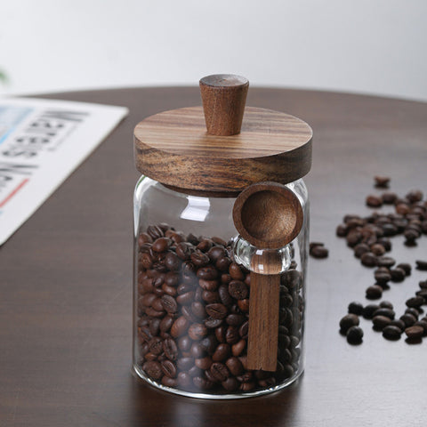 Set of 3 Glass Coffee Canisters with Wooden Lids & Attached Spoons, Clear Airtight Glass Jars in 15oz/18.5oz/25oz Sizes for Coffee Beans, Tea, Sugar, Kitchen Counter Storage & Pantry Organization