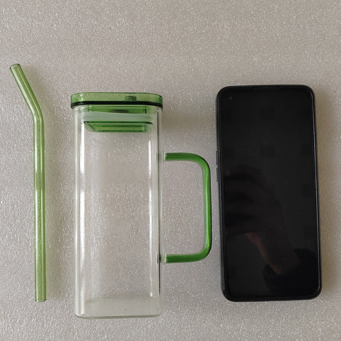 Square Glass Drinking Tumbler, 12 oz Capacity with Straw and Handle, Portable Cup for Water, Smoothies, Juices