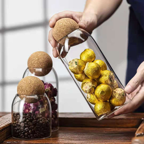 3 Pack Glass Storage Jar with Ball Cork Lid, Clear Glass Canisters with Cork Ball, Cute Decorative Round Glass Bottles with Airtight Wooden Lid for Spice, Sugar, Salt, Tea, Nuts, Coffee Beans