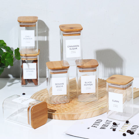 Glass Spice Jars with Bamboo Airtight Lids & Labels - 8oz Square Small Empty Food Storage Containers for Kitchen, Seasonings, Herbs, Salt