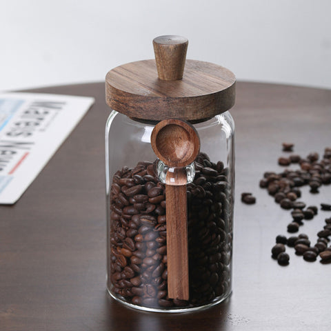 Set of 3 Glass Coffee Canisters with Wooden Lids & Attached Spoons, Clear Airtight Glass Jars in 15oz/18.5oz/25oz Sizes for Coffee Beans, Tea, Sugar, Kitchen Counter Storage & Pantry Organization