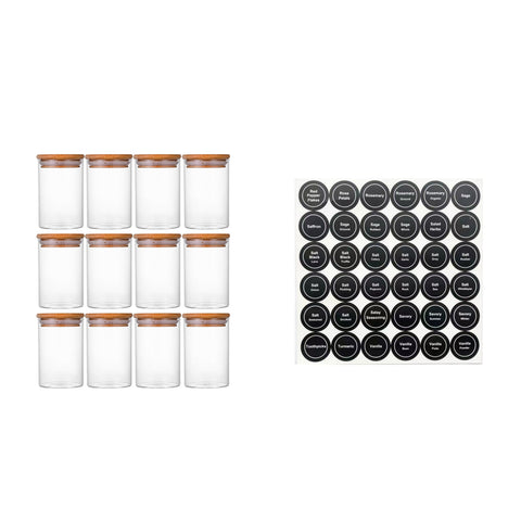 Set of 12 Round 8.5oz Glass Spice Jars with Lids & Labels – Airtight Seasoning Storage Container Set, Clear Glass Canisters for Spices & Seasonings, Perfect for Organizing Spice Racks, Cabinets and Drawers