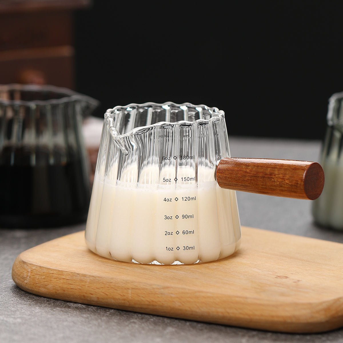 Glass Measuring Cup 6OZ, Espresso Accessories, Expresso Shots Cup, Espresso Shot Glass with V-Shaped Mouth, Ribbed Milk Frothing Pitcher, coffee Espresso Cup(Wooden Handle) - EnjoyCool