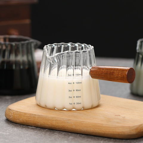 Glass Measuring Cup 6OZ, Espresso Accessories, Expresso Shots Cup, Espresso Shot Glass with V-Shaped Mouth, Ribbed Milk Frothing Pitcher, coffee Espresso Cup(Wooden Handle) - EnjoyCool