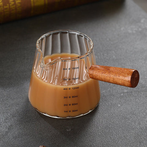 Glass Measuring Cup 6OZ, Espresso Accessories, Expresso Shots Cup, Espresso Shot Glass with V-Shaped Mouth, Ribbed Milk Frothing Pitcher, coffee Espresso Cup(Wooden Handle) - EnjoyCool