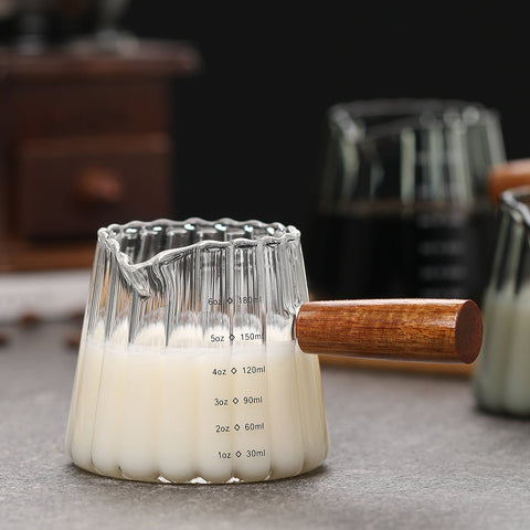Glass Measuring Cup 6OZ, Espresso Accessories, Expresso Shots Cup, Espresso Shot Glass with V-Shaped Mouth, Ribbed Milk Frothing Pitcher, coffee Espresso Cup(Wooden Handle) - EnjoyCool