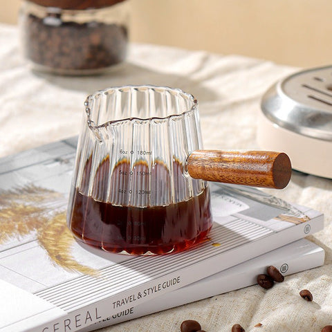 Glass Measuring Cup 6OZ, Espresso Accessories, Expresso Shots Cup, Espresso Shot Glass with V-Shaped Mouth, Ribbed Milk Frothing Pitcher, coffee Espresso Cup(Wooden Handle) - EnjoyCool