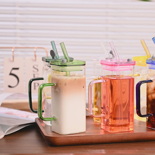 Set of 6 Square Glass Drinking Tumblers, 12 oz Capacity Each with Straw and Handle, Portable Cups for Water, Smoothies, Juices