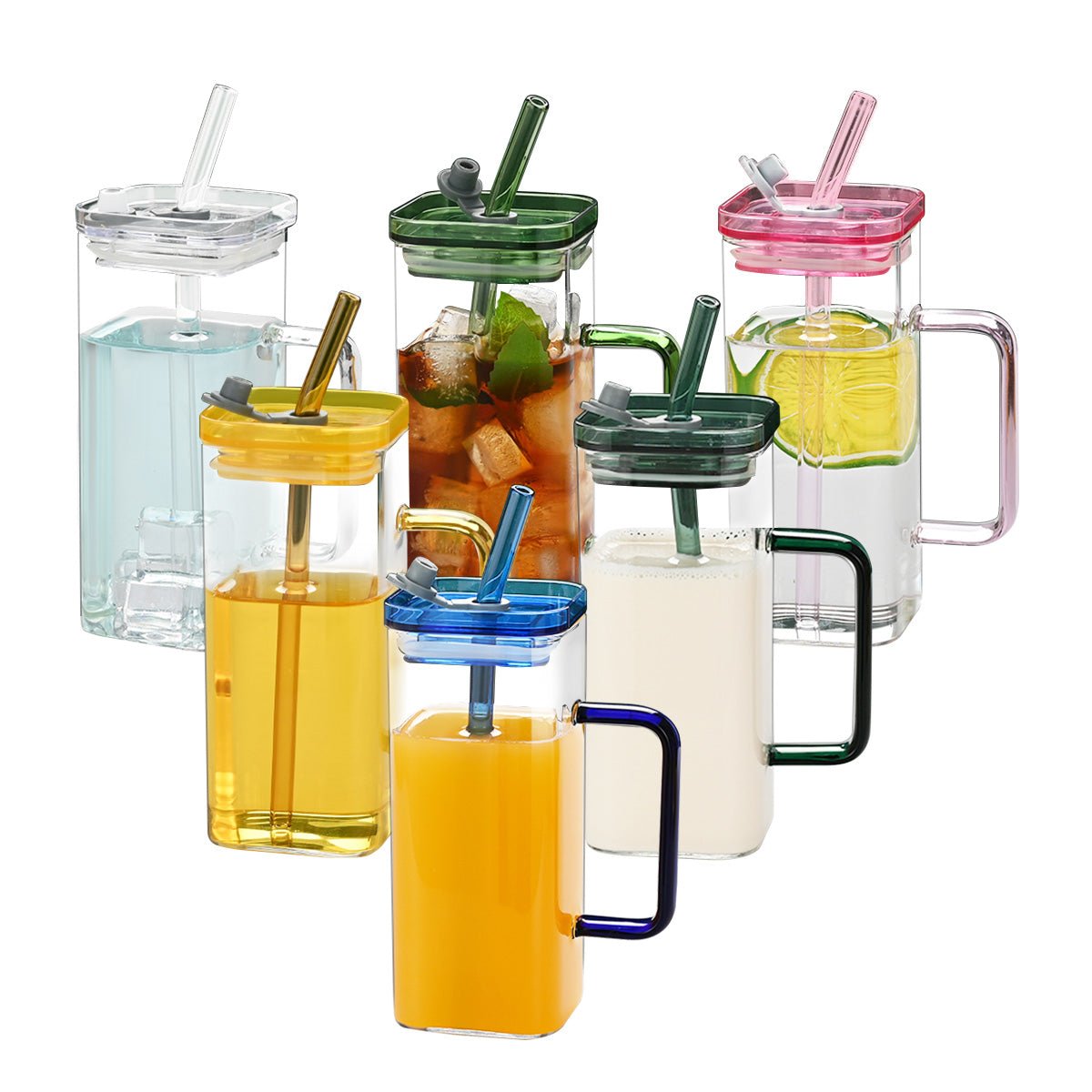 Set of 6 Square Glass Drinking Tumblers, 12 oz Capacity Each with Straw and Handle, Portable Cups for Water, Smoothies, Juices - EnjoyCool
