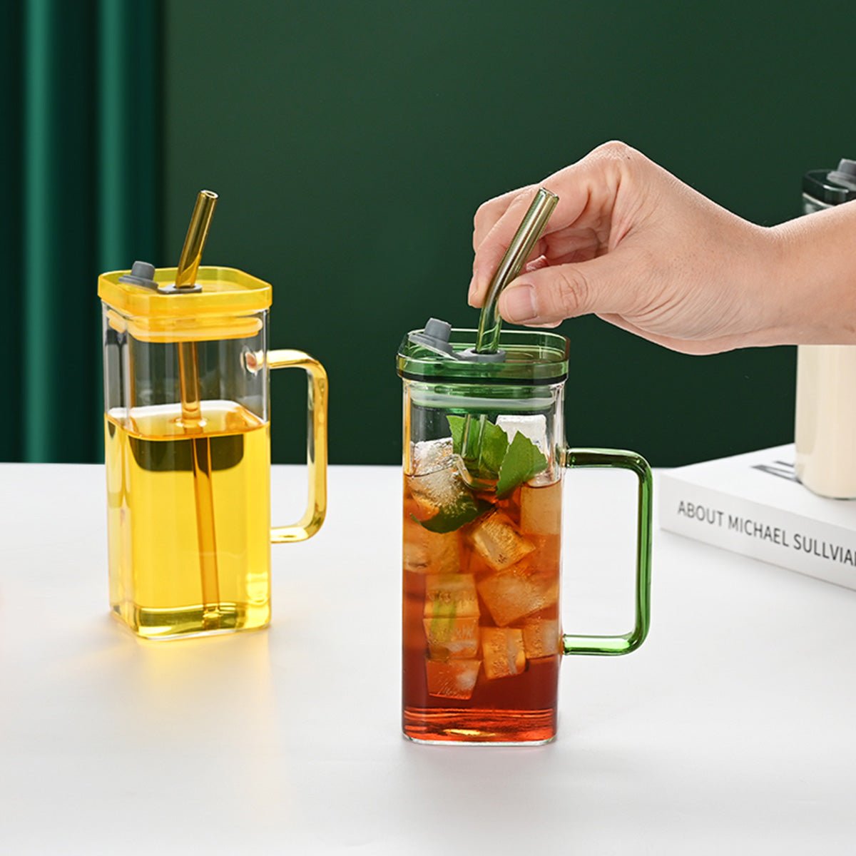Set of 6 Square Glass Drinking Tumblers, 12 oz Capacity Each with Straw and Handle, Portable Cups for Water, Smoothies, Juices - EnjoyCool