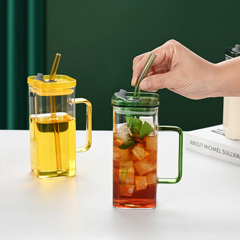 Set of 6 Square Glass Drinking Tumblers, 12 oz Capacity Each with Straw and Handle, Portable Cups for Water, Smoothies, Juices - EnjoyCool