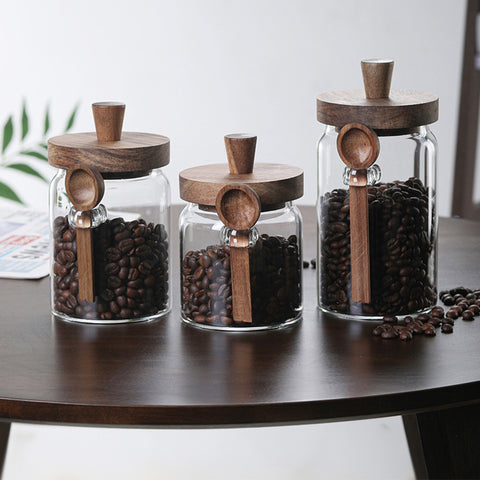 Set of 3 Glass Coffee Canisters with Wooden Lids & Attached Spoons, Clear Airtight Glass Jars in 15oz/18.5oz/25oz Sizes for Coffee Beans, Tea, Sugar, Kitchen Counter Storage & Pantry Organization