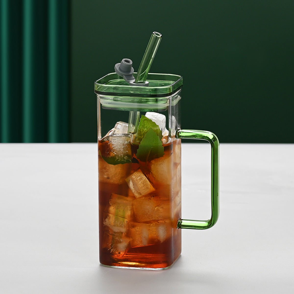 Square Glass Drinking Tumbler, 12 oz Capacity with Straw and Handle, Portable Cup for Water, Smoothies, Juices - EnjoyCool