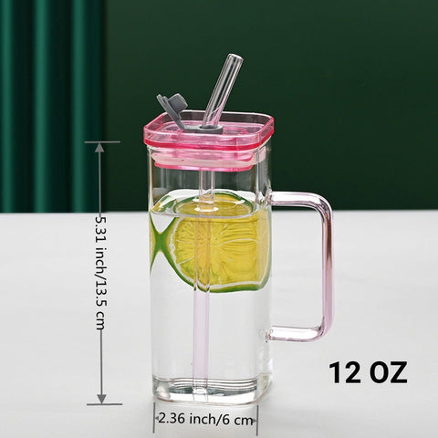 Square Glass Drinking Tumbler, 12 oz Capacity with Straw and Handle, Portable Cup for Water, Smoothies, Juices - EnjoyCool
