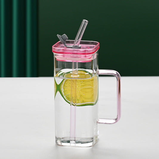 Square Glass Drinking Tumbler, 12 oz Capacity with Straw and Handle, Portable Cup for Water, Smoothies, Juices - EnjoyCool